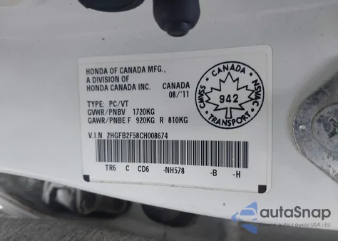 2012 Honda Civic Lx из США, поврежденный, VIN 2HGFB2F58CH008674